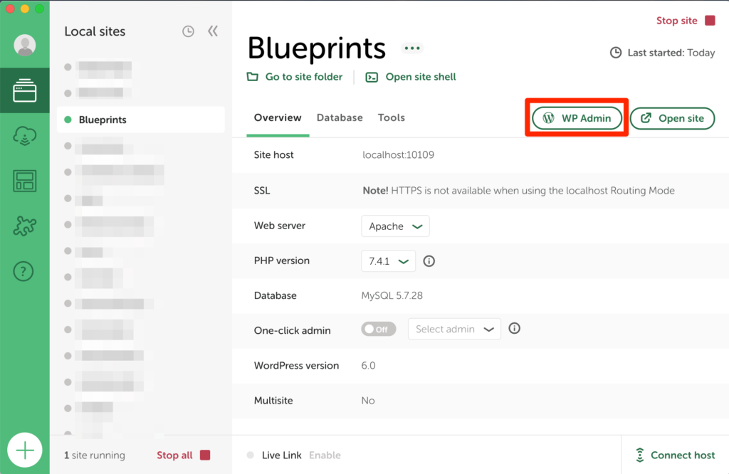 wordpress local WP Admin